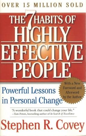 Reading in a book : The 7 Habits of Highly Effective People by Stephen R. Covey: A Hilarious Guide to Getting Your Life Together.